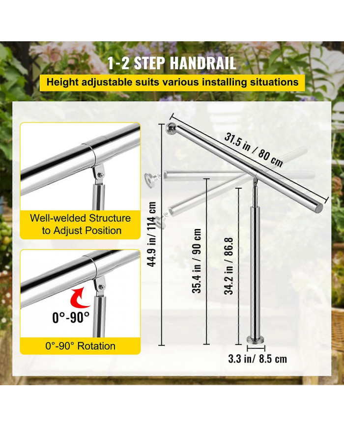 Rampe d’escalier extérieure Pas de main courante Rail en acier inoxydable 2 Étape 80x90cm Mur