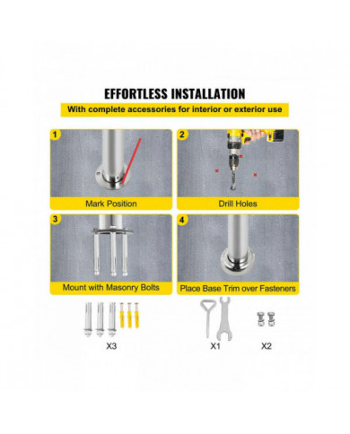 Rampe d’escalier extérieure Pas de main courante Rail en acier inoxydable 2 Étape 80x90cm Mur