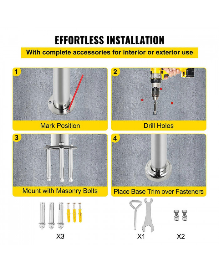Rampe d’escalier extérieure Pas de main courante Rail en acier inoxydable 2 Étape 80x90cm Mur