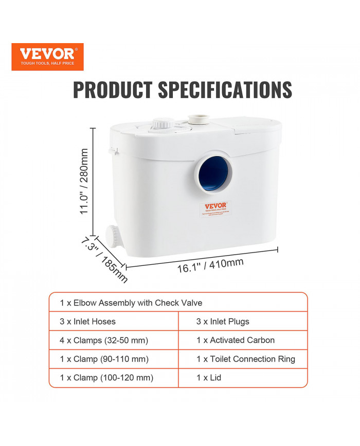 Pompe broyeur, 700W, débit 9600 L/h, tête de 32,8 pi/10 m, pompe de puisard d’égout broyeur avec 3 entrées d’eau [...]