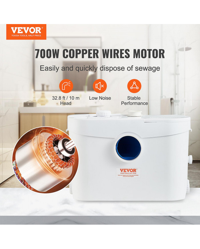 Pompe broyeur, 700W, débit 9600 L/h, tête de 32,8 pi/10 m, pompe de puisard d’égout broyeur avec 3 entrées d’eau [...]