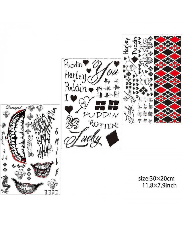 Tatouages de grande taille pour Suicide Squad Joker Harley Quinn, 5 feuilles Tatouages temporaires Autocollants [...]