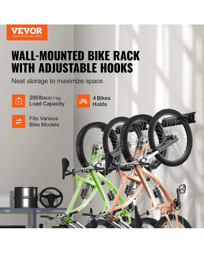 Support de rangement pour vélos, 4 supports à vélos et 2 crochets pour casques, cintre de rangement mural pour [...]
