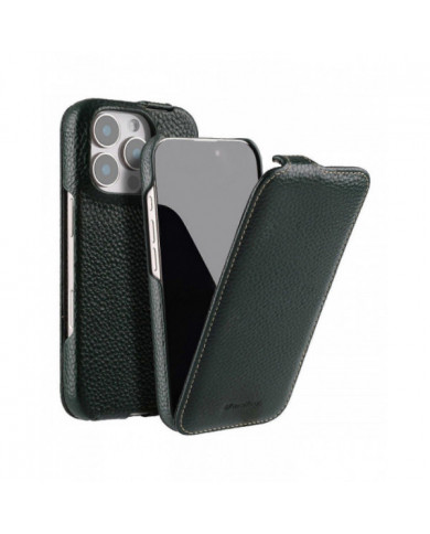 MELKCO Pour iPhone 16 Pro Étui Magnétique Vertical Flip Cuir de Vache Véritable + Couverture Antichoc PC - Vert