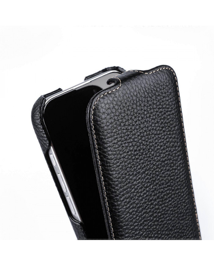 MELKCO Pour iPhone 16 Pro Étui Magnétique Vertical Flip Cuir de Vache Véritable + Couverture Antichoc PC - Vert