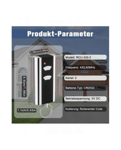 Lot de 2 Télécommande de Remplacement de Porte de Garage pour RCU 433-2K, 433.92 MHz Ouvre-Garage Émetteur Portatif