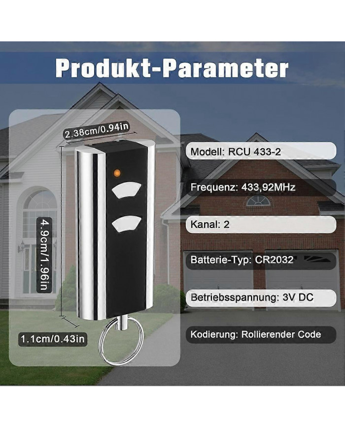 Lot de 2 Télécommande de Remplacement de Porte de Garage pour RCU 433-2K, 433.92 MHz Ouvre-Garage Émetteur Portatif
