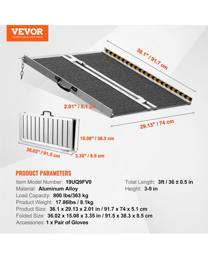 Rampe d’accès portable pour fauteuil roulant, capacité de 3 pi 800 lb, rampe de seuil pliante en aluminium [...]