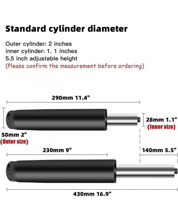Cylindre de levage à gaz pour chaise de bureau de 1000 lb (450 kg) - Nouveau noir