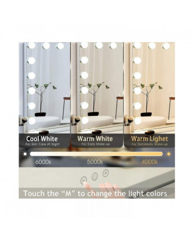 70 x 55 cmmiroir de courtoisie hollywood 14 ampoules led dimmables, chargement usb uniquement ampoules-yezi