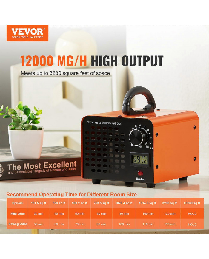 Générateur d’ozone 12000mg/h Éliminateur d’odeurs de machine à ozone avec minuterie 0-120min