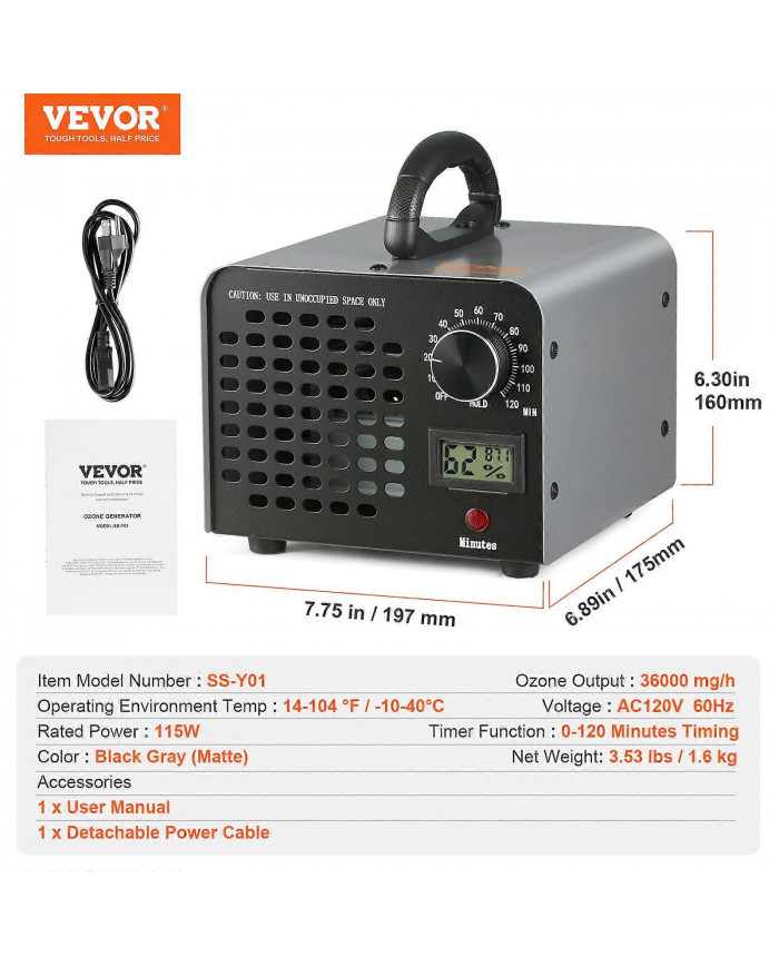 Générateur d’ozone 36000mg/h Éliminateur d’odeurs de machine à ozone avec minuterie 0-120min