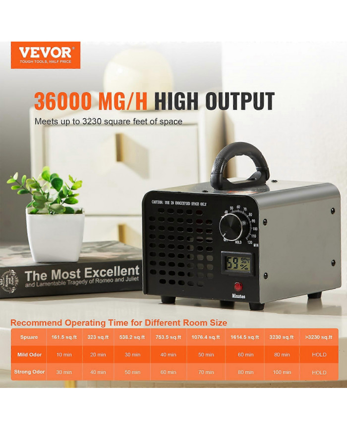 Générateur d’ozone 36000mg/h Éliminateur d’odeurs de machine à ozone avec minuterie 0-120min