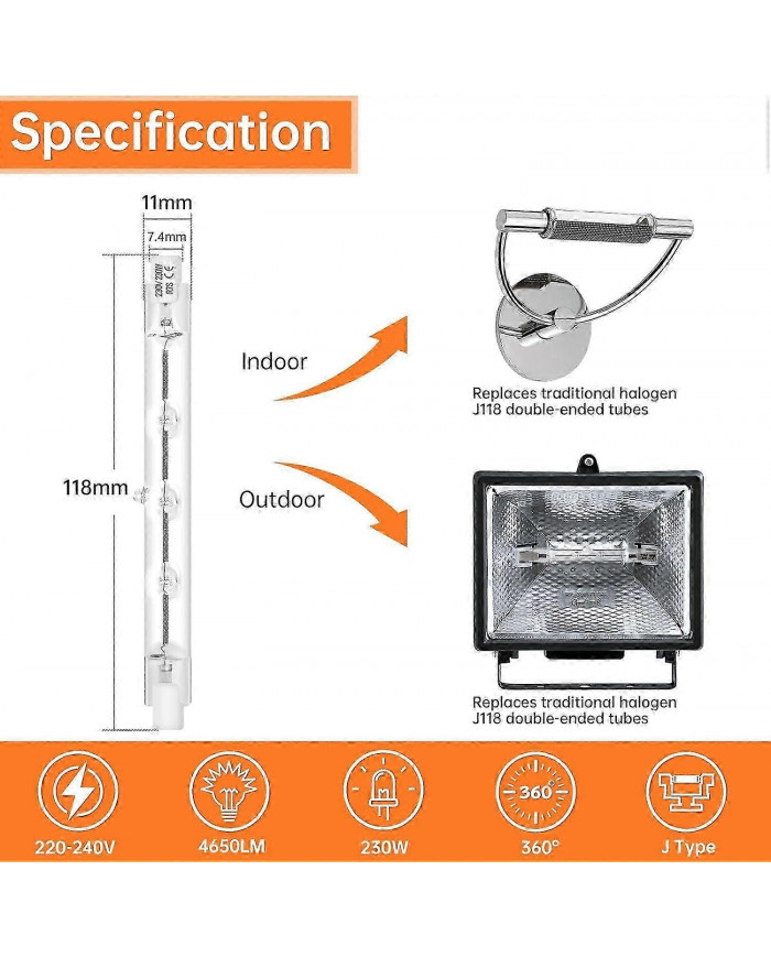 Pack de 6 ampoules halogènes R7s 118mm 230w dimmable 230v 4650lm 2800k blanc chaud économie d’énergie tungstène [...]
